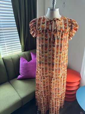 Marie Oliver Orange and Brown Floral Ruffled Tie-Neck Maxi Dress